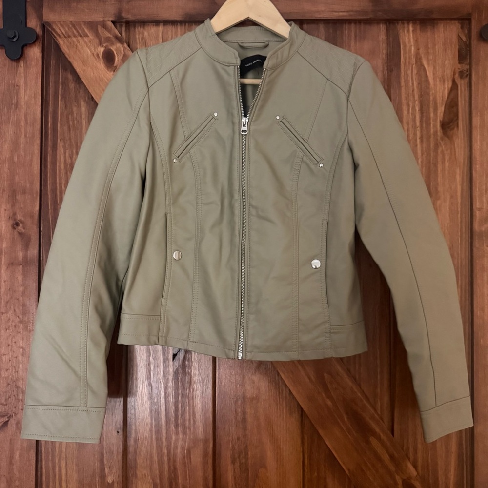 Vero Moda Women's Sage Green Faux Leather Jacket Small